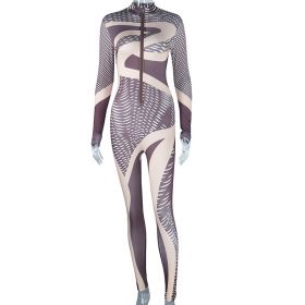 Irregular Fashion Printed Long Sleeve Long Tight Sports Jumpsuit (Option: L-Brown)