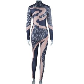 Irregular Fashion Printed Long Sleeve Long Tight Sports Jumpsuit (Option: L-Black)
