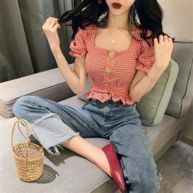 Women's Fashion Personality Plaid Overshirt (Option: Red Plaid-M)
