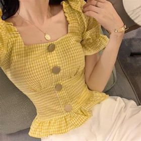 Women's Fashion Personality Plaid Overshirt (Option: Yellow Grid-S)